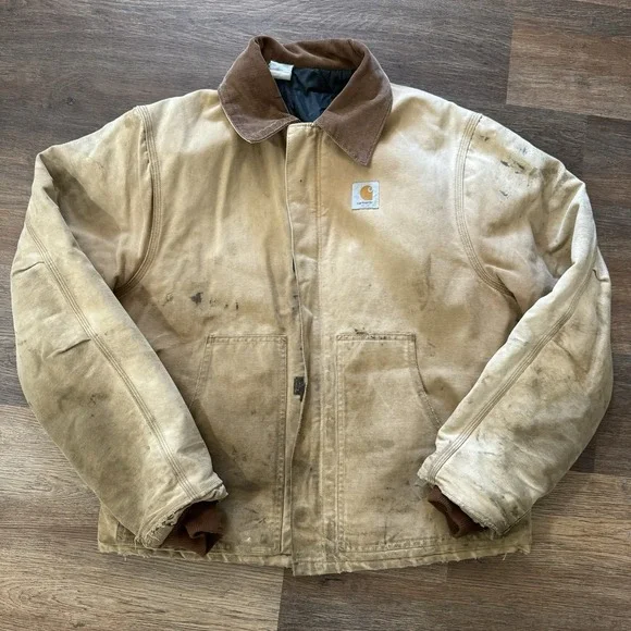 VTG‎ Carhartt Quilt Lined Canvas Chore Barn Coat Corduroy Collar Tan Distressed